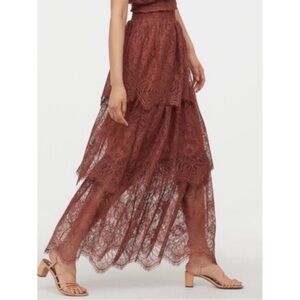 H&M Size 2 Rust Brown Tiered Lace Boho Western Maxi Skirt NWT Cottagecore